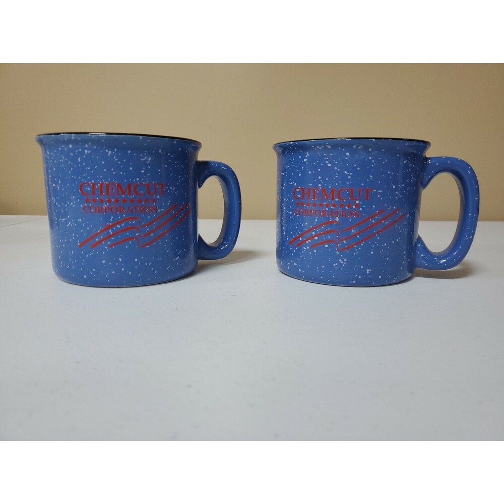2 M Ware Chemcut Corporation Speckled Blue Stoneware Coffee Mugs 14 oz Black Rim